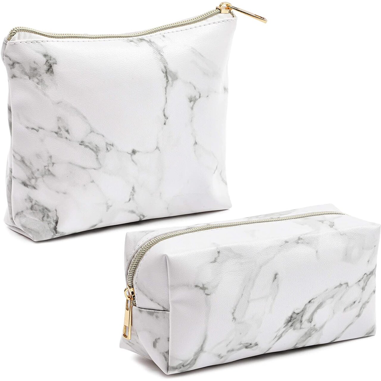 Set of 2 White Marble Makeup Organizer Bag, Cosmetic Storage Pouch, Travel Toiletry Case